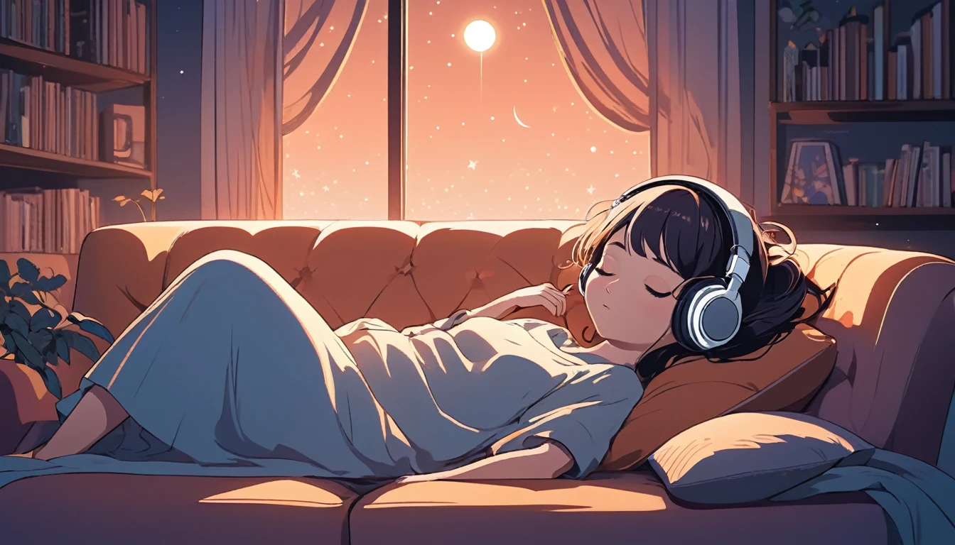 A woman wearing headphones is sleeping comfortably on a sofa at night, Wide-angle lens, Lofi Anime, Lofi illustration, Aesthetic atmosphere, Lo-Fi Style, Vector art, Flat Design, Simple shape, Warm tones, Pleasant atmosphere, Chill, In anime style, Digital drawing, Vector art, Vector logo for t-shirt printing, (Adorable:1.5), (small:1.4), (Playful:1.2), (soft:1.3), (Whimsical:1.1), masterpiece, Highest quality, 8K, Intricate details, grow, Celestial, Mysterious, Picturesque, amazing, Majestic, Magic, Fantasy art, Cover art, dream-like
