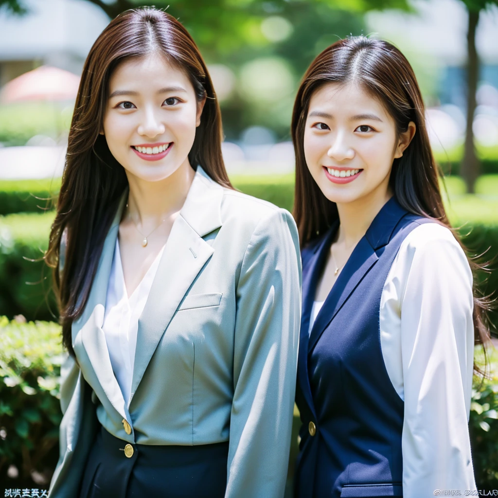 (Highest quality、high resolution、High resolution、masterpiece、8K:1.2)、Conservative fashion woman、23 year old Japanese woman、Two Women、Business Casual、semi-formal attire、Look here with a smile、(Kodak Portra 800 Film SMC Takumar 35mm F/ 2. 8 50 sec:1.3)、(RAW Photos、Photos like the real thing、Clear photos:1.2)、
