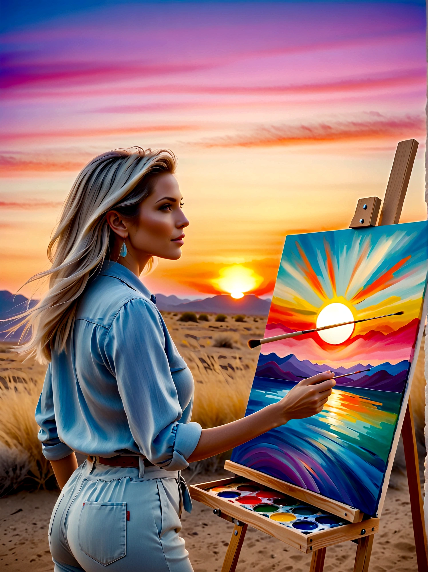 (Sunrise Time:1.6), A middle-aged Caucasian woman dressed in casual clothing is standing in front of a canvas placed on an easel. She holds a set of paintbrushes and a palette full of vibrant colors, mimicking the hues of the sunrise. Her gaze is focused, and her hand is in mid-motion, capturing the breathtaking scene before her. The morning sky is a blend of soft oranges, pinks, and purples, fading into the clear, light blue of the incoming day. The sun is barely peeking over the horizon, casting a warm, embracing light over the quiet, serene landscape, The perspective is from a wide-angle view emphasizing the immense scope of the breathtaking landscape filled with natural elements, The image should evoke a sense of drama and magnitude with the effective use of light and shade