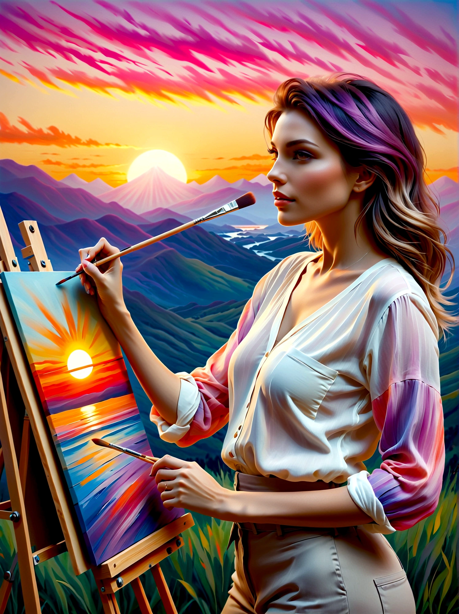 (Sunrise Time:1.6), A middle-aged Caucasian woman dressed in casual clothing is standing in front of a canvas placed on an easel. She holds a set of paintbrushes and a palette full of vibrant colors, mimicking the hues of the sunrise. Her gaze is focused, and her hand is in mid-motion, capturing the breathtaking scene before her. The morning sky is a blend of soft oranges, pinks, and purples, fading into the clear, light blue of the incoming day. The sun is barely peeking over the horizon, casting a warm, embracing light over the quiet, serene landscape, The perspective is from a wide-angle view emphasizing the immense scope of the breathtaking landscape filled with natural elements, The image should evoke a sense of drama and magnitude with the effective use of light and shade