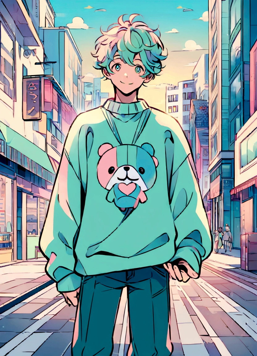 Create a digital illustration of a cheerful boy standing in the middle of a bustling city street. He is wearing a loose, oversized light green sweater with cute heart and bear designs on it. His hair is styled in a messy, tousled look. The boy is making a peace sign with both hands and smiling widely. The background should depict a lively urban scene with tall buildings, storefronts, and cars on the road, using pastel colors and light tones. The overall art style should be light and whimsical, with a focus on soft green and pastel hues to match the boy's outfit and the cityscape