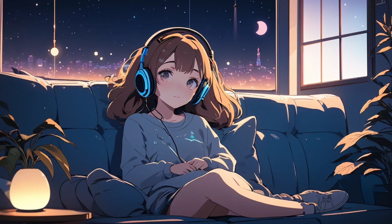 A girl with headphones on is sitting comfortably on a sofa at night, Wide-angle lens, Lofi Anime, Lofi illustration, Aesthetic atmosphere, Lo-Fi Style, Vector art, Flat Design, Simple shape, Warm tones, Pleasant atmosphere, Chill, In anime style, Digital drawing, Vector art, Vector logo for t-shirt printing, (Adorable:1.5), (small:1.4), (Playful:1.2), (soft:1.3), (Whimsical:1.1), masterpiece, Highest quality, 8K, Intricate details, grow, Celestial, Mysterious, Picturesque, amazing, Majestic, Magic, Fantasy art, Cover art, dream-like