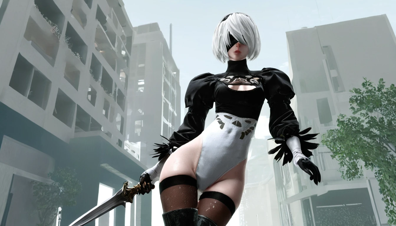 masterpice,photorealistic, detailed face, detailed eyes, detailed lips, beautiful woman, hourglass figure, natural lighting, high quality, hyperrealistic, 8k, cinematic, dramatic lighting, chiaroscuro, neoclassical, oil painting,dramatic light,abadon city,2b,nier automata, silver hair,headband,detailed leg,detailed skirt,gundam mobil suit armor,gundam suit,pantie, rain,sweat skin,ass,ass focus