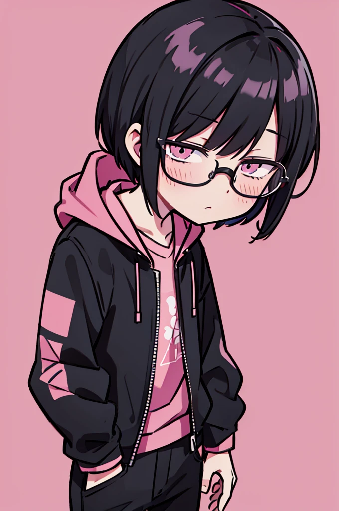 black pants, Sharp image, man, Black hair with pink ends, wearing a pink jacket. , has a dull, bored face, wears round glasses, has short, neat hair,