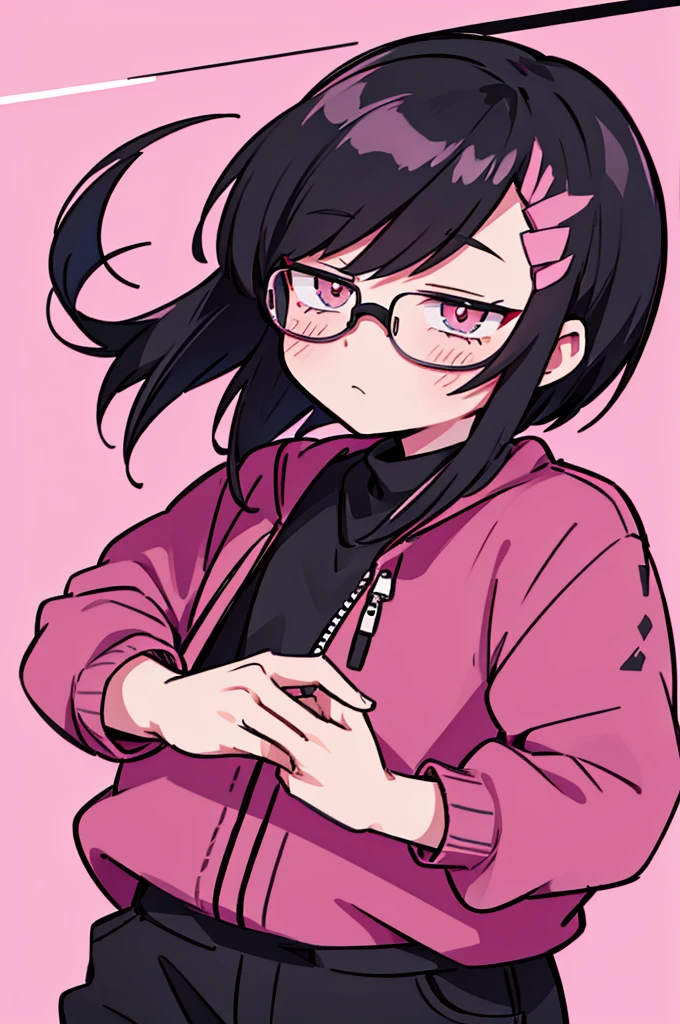 black pants, Sharp image, man, Black hair with pink ends, wearing a pink jacket. , has a dull, bored face, wears round glasses, has short, neat hair,