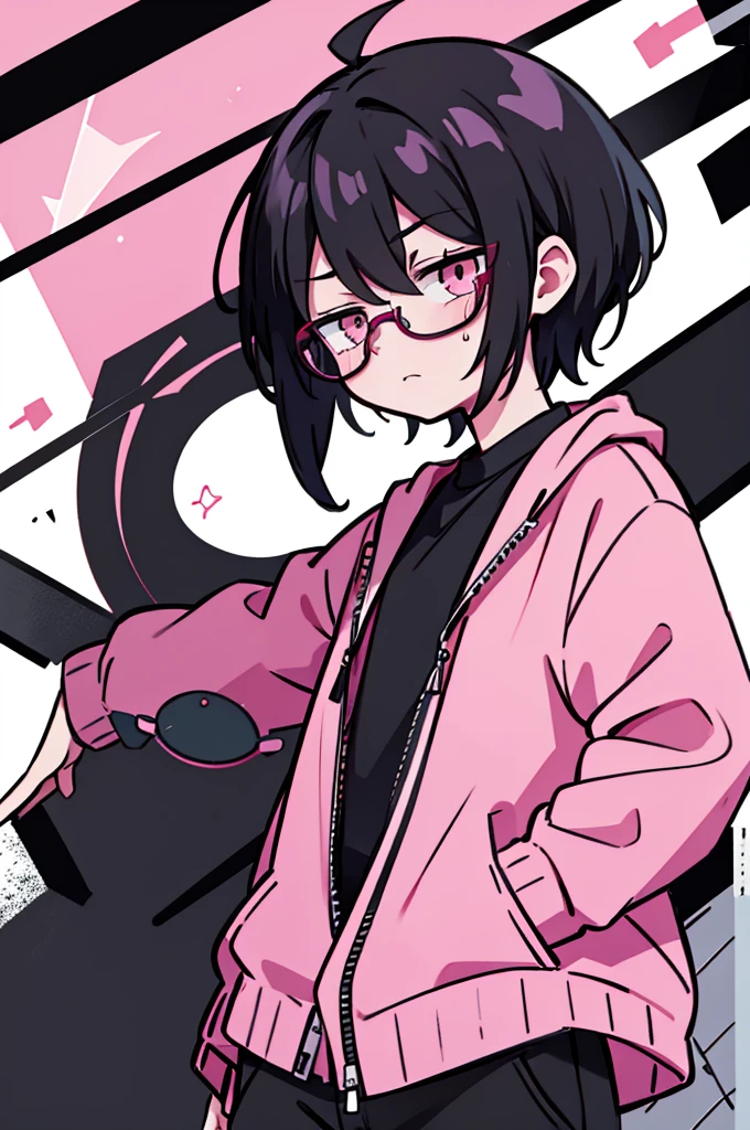 black pants, Sharp image, man, Black hair with pink ends, wearing a pink jacket. , has a dull, bored face, wears round glasses, has short, neat hair,