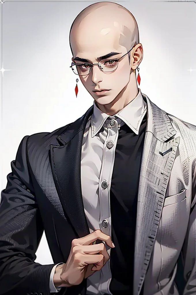 Baldhead,male,Red pupil,Glasses,minimalist style earrings,Wear a watch on your left hand,Showing breasts,Tattoo,suit,walk