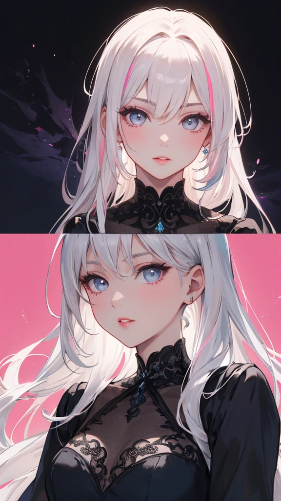Detailed engraving of the picture part,1 noble lady,Become a,Black long dress,(Long pink and white hair),(dark night background+),prom,Court etiquette, Perfect face, Perfect lips, Perfect eyes, Perfect background