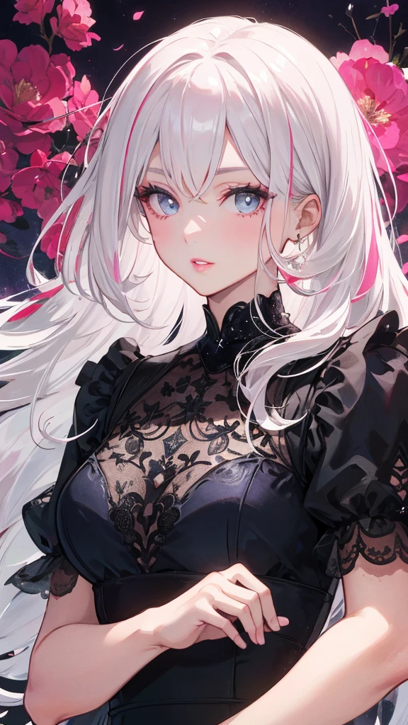 Detailed engraving of the picture part,1 noble lady,Become a,Black long dress,(Long pink and white hair),(dark night background+),prom,Court etiquette, Perfect face, Perfect lips, Perfect eyes, Perfect background