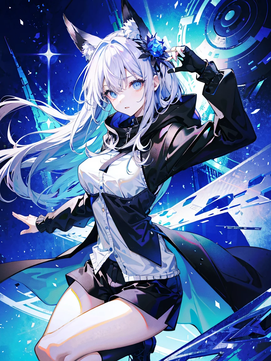 (Fine and beautiful eyes)、long hair，Long, blue-gray hair，Two moles，Mole under the eye，Beautiful purple eyes，Detailed eyes，Detailed face，Large breasts，Blazer uniform、Thin legs，High resolution eyes、Jewel-like eyes、Straight Hair、A dress that doesn&#39;t reveal much，Extreme Detail、High resolution、Shining Eyes、Red ribbon、Red hair ornament