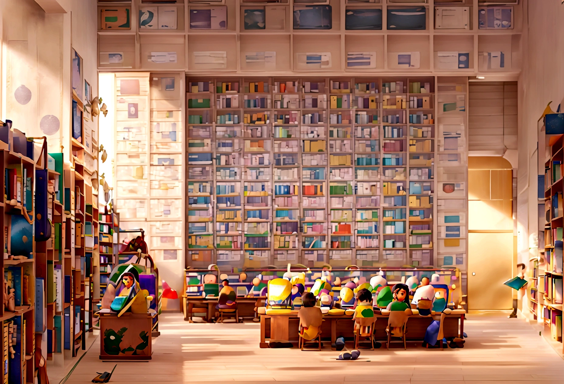 In the bustling university library of Dhaka, the shelves are filled with ancient tomes and modern textbooks, students hunched over their notes in silent concentration. If this scene were to be depicted in a Pixar style, we would see vibrant colors and exaggerated character designs bringing the setting to life. The image captures intricate details, from the worn pages of the books to the earnest expressions on the students' faces. The picture radiates warmth and nostalgia, painting a vivid picture of academia at its most serene and studious.