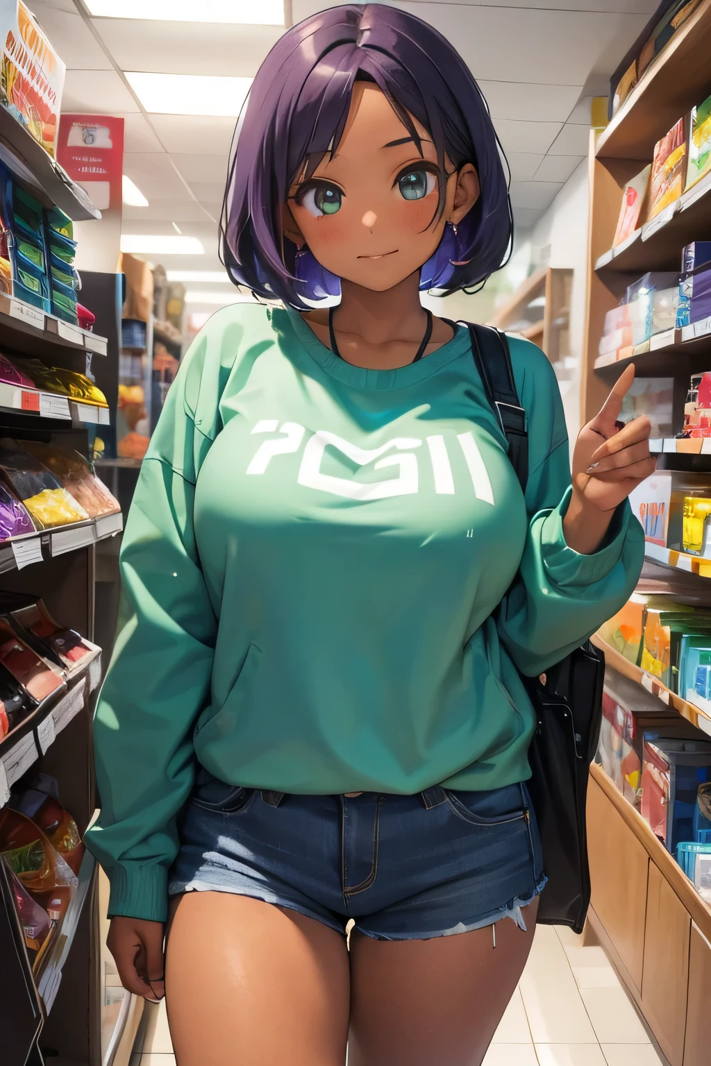 1 girl, single girl, cute, dark skin, tanned skin, short purple hair, green eyes, blushing, chubby, somewhat large breasts, kawaii aesthetic clothing, flirty clothing, in a clothing store,