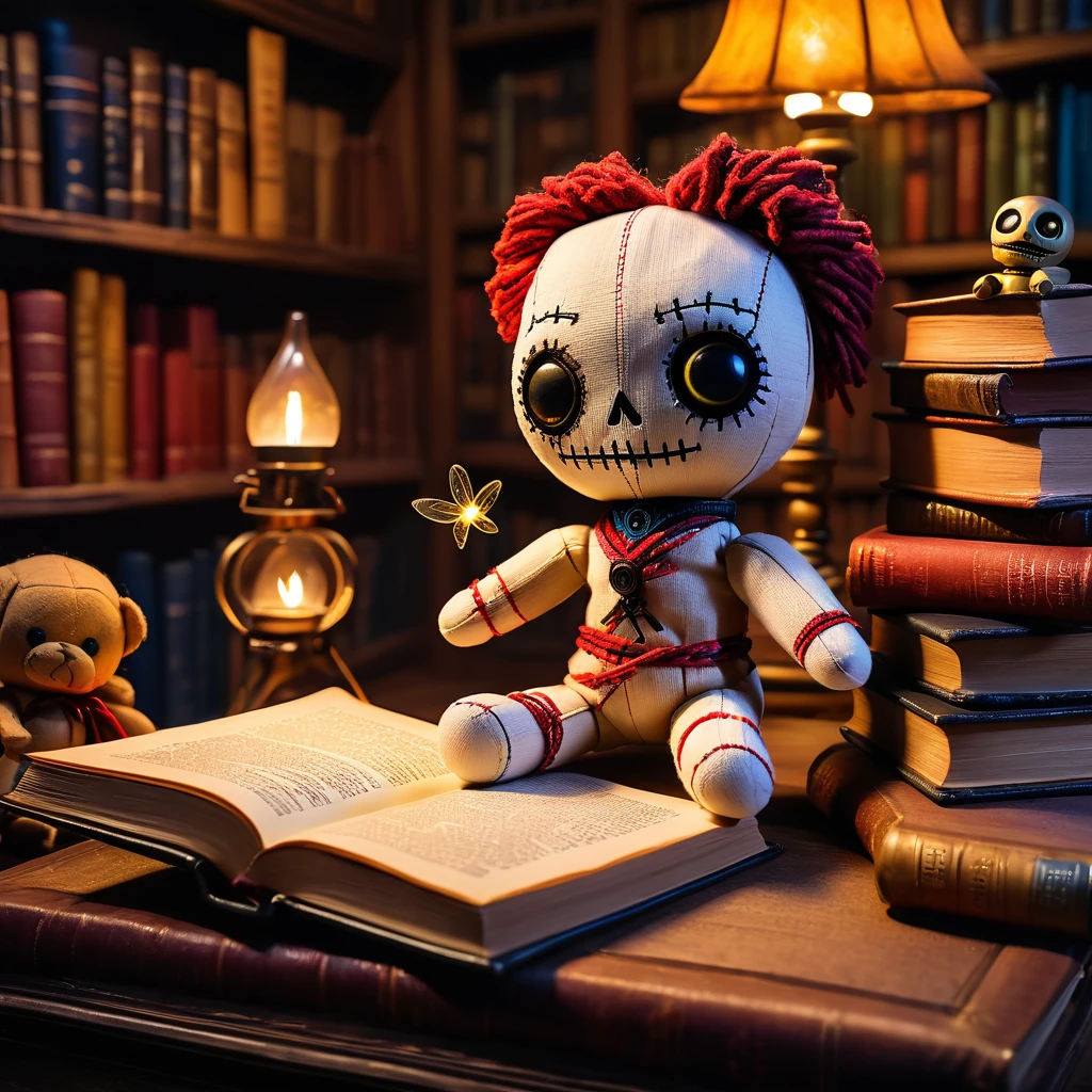 (knitted toy voodoo doll:1.6), (Voodoo Ghost Storyteller:1.3), (clothes antique clothes with magic books and parchments:1.0), (in the background a magic library with flickering fireflies and flying books:1.3), best quality, masterpiece, detailed soft oil painting, detailed background, dramatic cinematic lighting, soft edge lighting, professional, dramatic lighting, hard edge lighting, ultra quality, 4k, masterpiece, best quality, 8k, ultra high definition, high resolution, extremely detailed