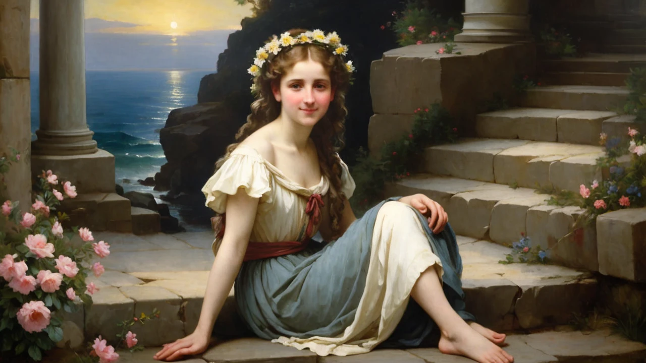 oil on canvas, a beautiful young woman with resemblance to Mckenna Grace sitting , on stone steps of an old lighthouse, smiling and looking at the camera, landscape of an epic afternoon , flowers adorn his head, natural lighting, style of william-adolphe bouguereau