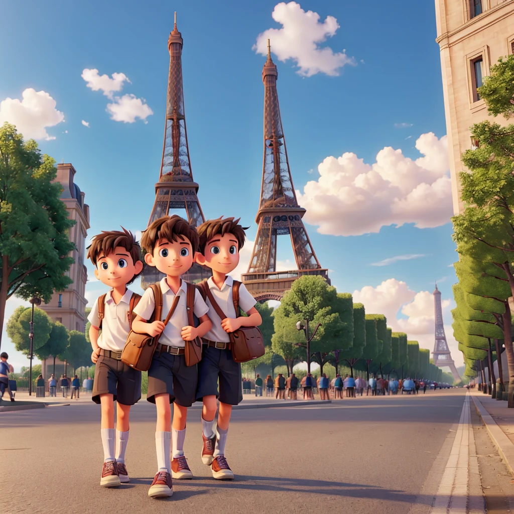 I want a picture of 15-year-old students, boys, not girls, carrying bags and running down a street with the Eiffel Tower behind them.