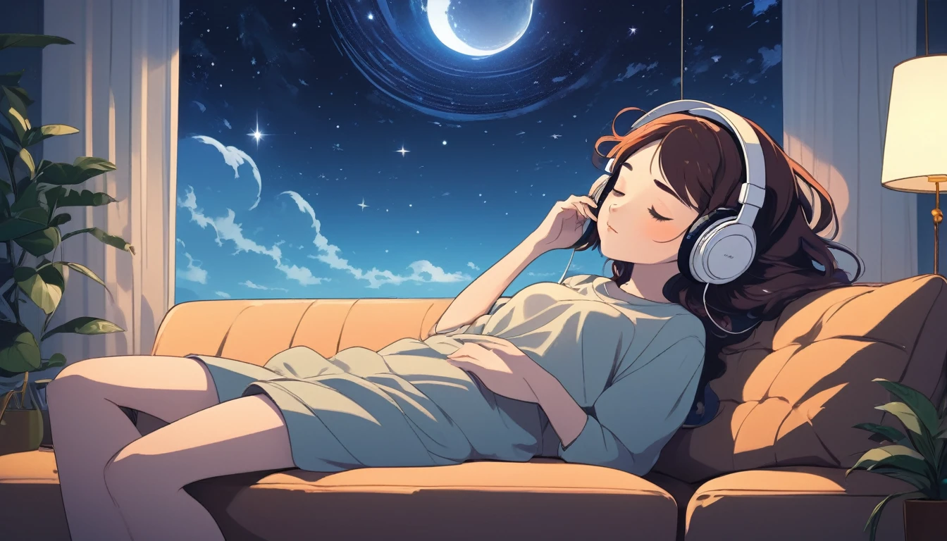 A woman wearing headphones is sleeping comfortably on a sofa, Wide-angle lens, Lofi Anime, Lofi illustration, Aesthetic atmosphere, Lo-Fi Style, Vector art, Flat Design, Simple shape, Warm tones, Pleasant atmosphere, Chill, In anime style, Digital drawing, Vector art, Vector logo for t-shirt printing, (Adorable:1.5), (small:1.4), (Playful:1.2), (soft:1.3), (Whimsical:1.1), masterpiece, Highest quality, 8K, Intricate details, grow, Celestial, Mysterious, Picturesque, amazing, Majestic, Magic, Fantasy art, Cover art, dream-like