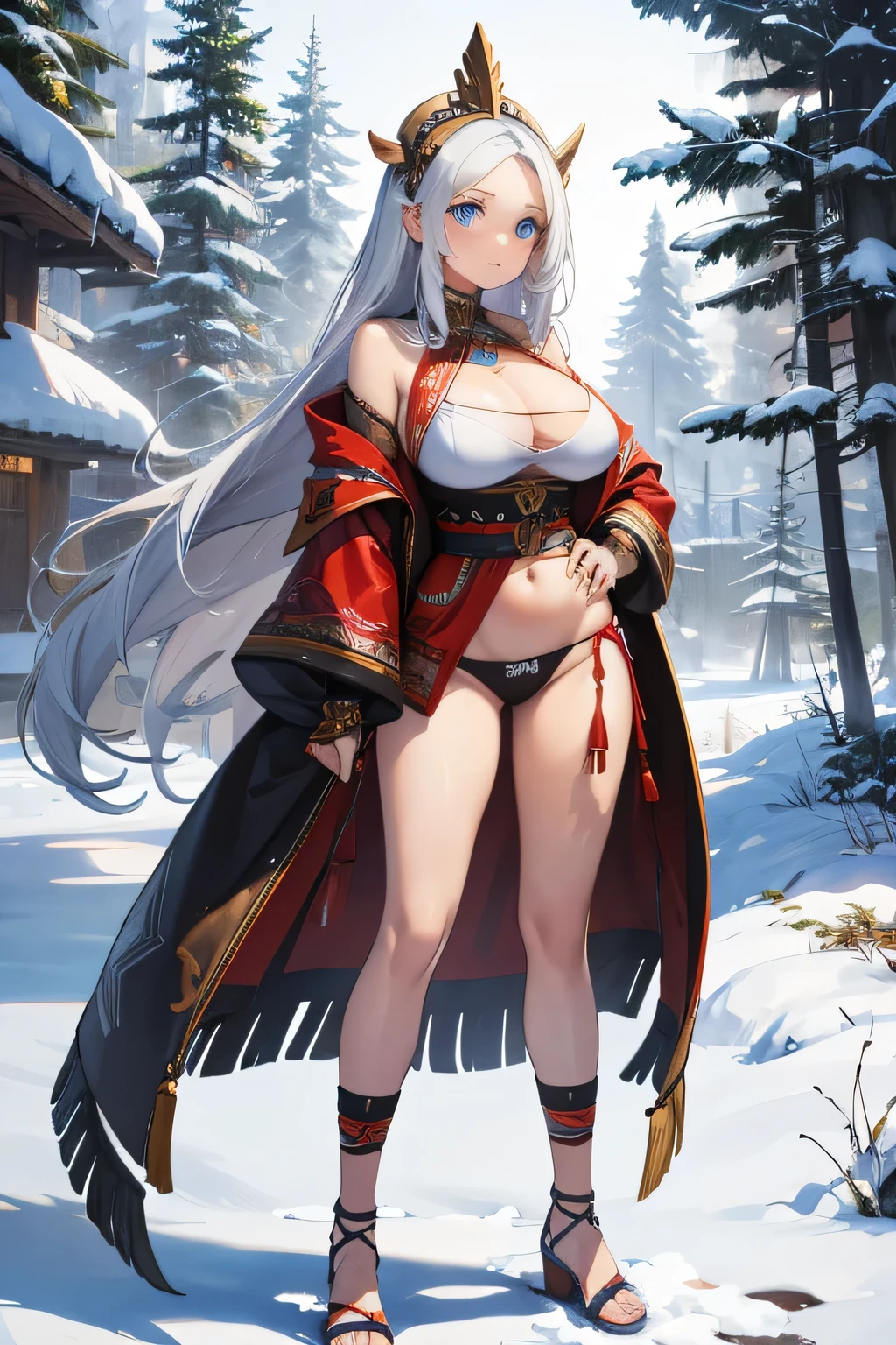 1 girl, single girl, cute, long white hair, light blue eyes, big breasts, big hips, marrying woman, querrera woman, tribal lansa in hand, Amasonica tribal clothing, clothes with hair, Amasonica leather tribal clothing, hair in leather, torn fabric, in a snowy forest, snow