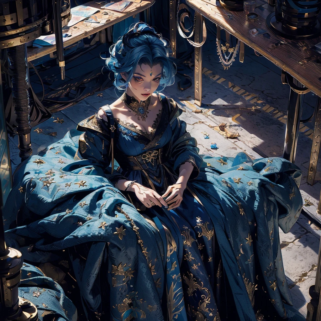 (masterpiece:1.4), (best quality:1.4), extremely detailed, intricate, hyper detailed, illustration,soft lighting, scenic, 1girl, disgust, Navy blue hair, colorful, colorized, from_above ,vampire_costume , runway 