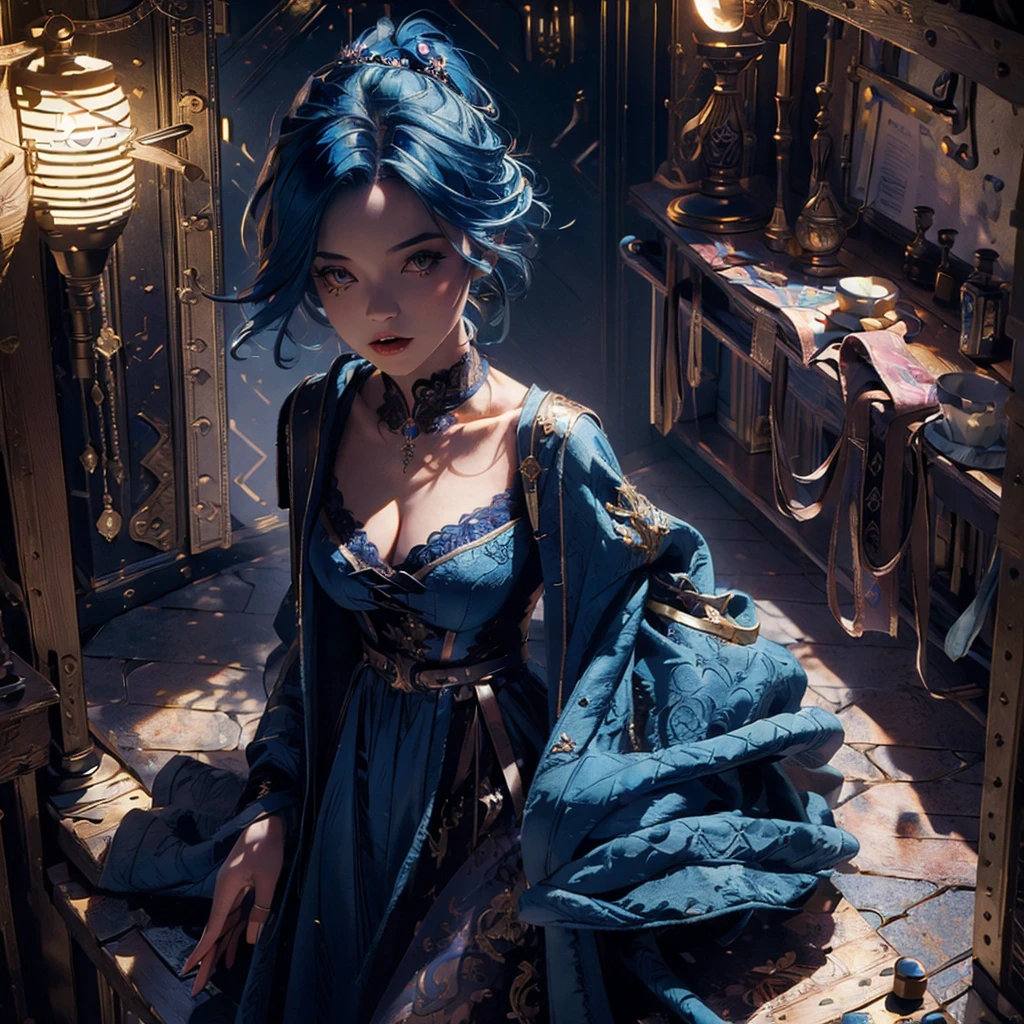 (masterpiece:1.4), (best quality:1.4), extremely detailed, intricate, hyper detailed, illustration,soft lighting, scenic, 1girl, disgust, Navy blue hair, colorful, colorized, from_above ,vampire_costume , runway