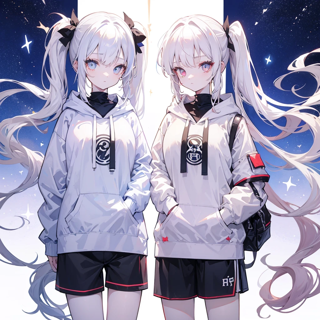 Two girls,
the first one has red eyes and beige hair in twin tails,
the second one has blue eyes and white hair in side tails,
they are both wearing sporty hoodies and shorts in monochrome, colorful on white background, glowing, stars, light, ephemeral,, mirrornun