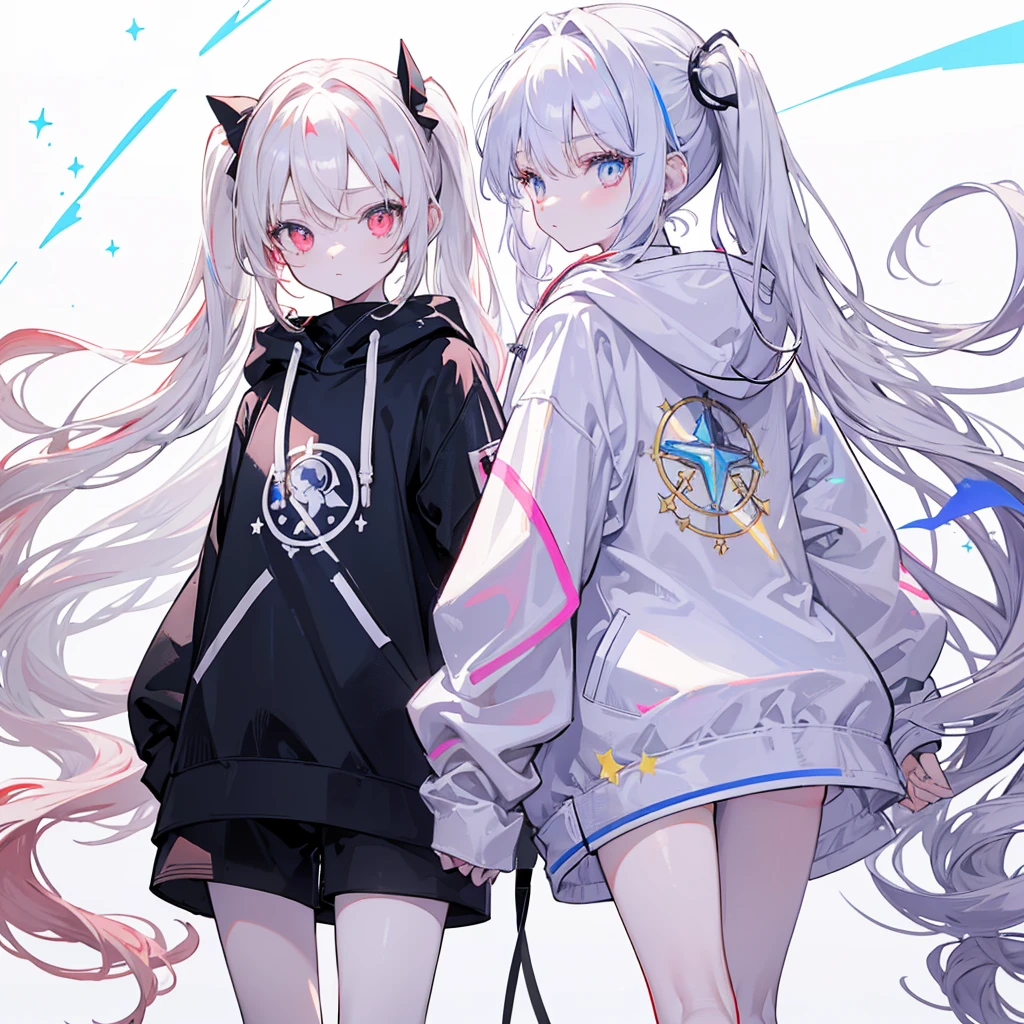 Two girls,
the first one has red eyes and beige hair in twin tails,
the second one has blue eyes and white hair in side tails,
they are both wearing sporty hoodies and shorts in monochrome, colorful on white background, glowing, stars, light, ephemeral,, mirrornun