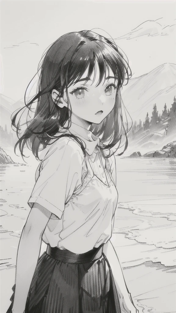 One Girl,Line art,Monochrome,sketch,Pencil drawing,Traditional Media,One Girl, skirt,Cute age Girls, ,Beautiful portrait、Delicate body、Black Hair、Black Hair,landscape