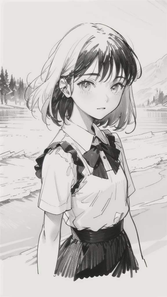 One Girl,Line art,Monochrome,sketch,Pencil drawing,Traditional Media,One Girl, skirt,Cute Girls, ,Beautiful portrait、Delicate body、Black Hair、Black Hair,landscape