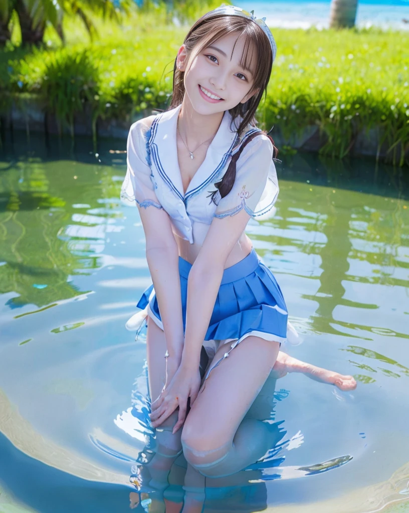 (NFSW)、(High resolution:1.5)、Highest quality,Very detailed,masterpiece,Super detailed,alone,(One 12 year old girl),((Summer School Uniforms:1.5)), Seraphim, ((skirt:1.5)),  smile, Thigh fetish images: 1.5、(((barefoot)))、(Her thighs and white bikini reflected in the clear blue water)、(reflected in water:1.5)、((I can see the white string panties:1.5))、(Cleavage)、((Clear blue seawater))、Summer sun、はしゃいだsmile、Beautiful Eyes、(pull-out-panties)、(Panties on knees)、Big necklace and tiara、The water is marine blue、Glossy thighs: 1.5