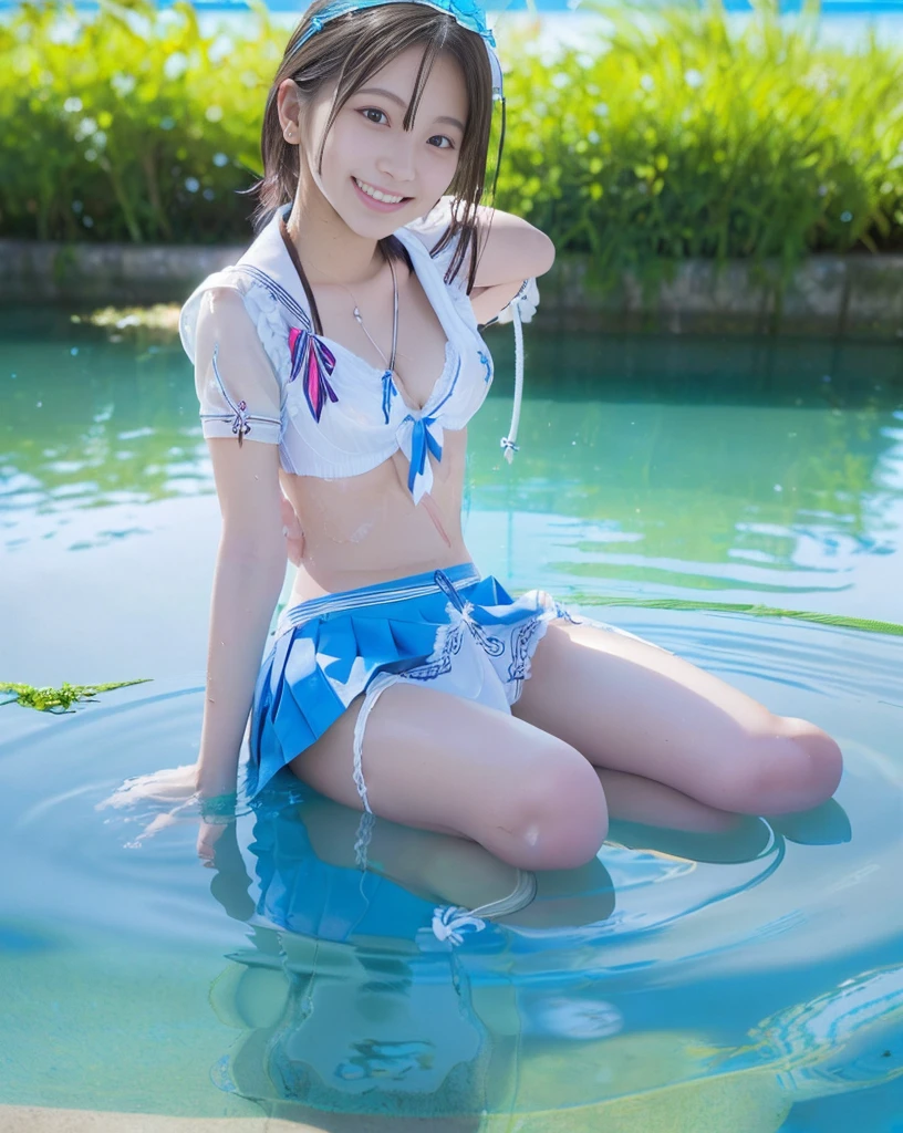 (NFSW)、(High resolution:1.5)、Highest quality,Very detailed,masterpiece,Super detailed,alone,(One 12 year old girl),((Summer School Uniforms:1.5)), Seraphim, ((skirt:1.5)), smile, Thigh fetish images: 1.5、(((barefoot)))、(Her thighs and white bikini reflected in the clear blue water)、(reflected in water:1.5)、((I can see the white string panties:1.5))、(Cleavage)、((Clear blue seawater))、Summer sun、はしゃいだsmile、Beautiful Eyes、(pull-out-panties)、(Panties on knees)、Big necklace and tiara、The water is marine blue、(((Glossy thighs)))