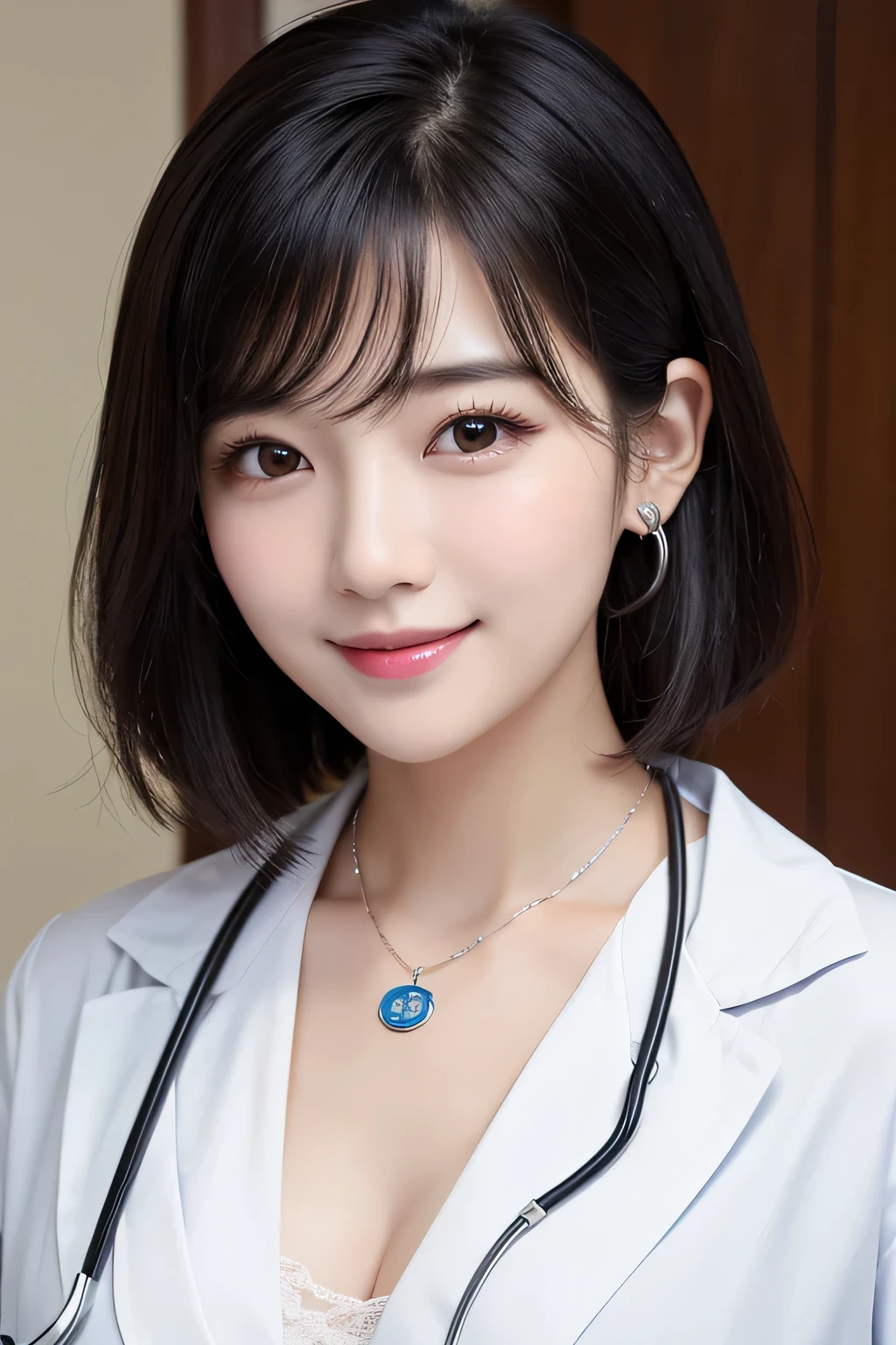 Beautiful young woman、 Korean women、Black Hair、Necklace around the neck、White、Closed Mouth Smile、Big Breasts、Doctor's clothing、Stethoscope、Wavy Hair、short hair、Intricate details, Very detailed:1.2), 、 Looking into the camera,The background is the inspection room..、ear piercing
