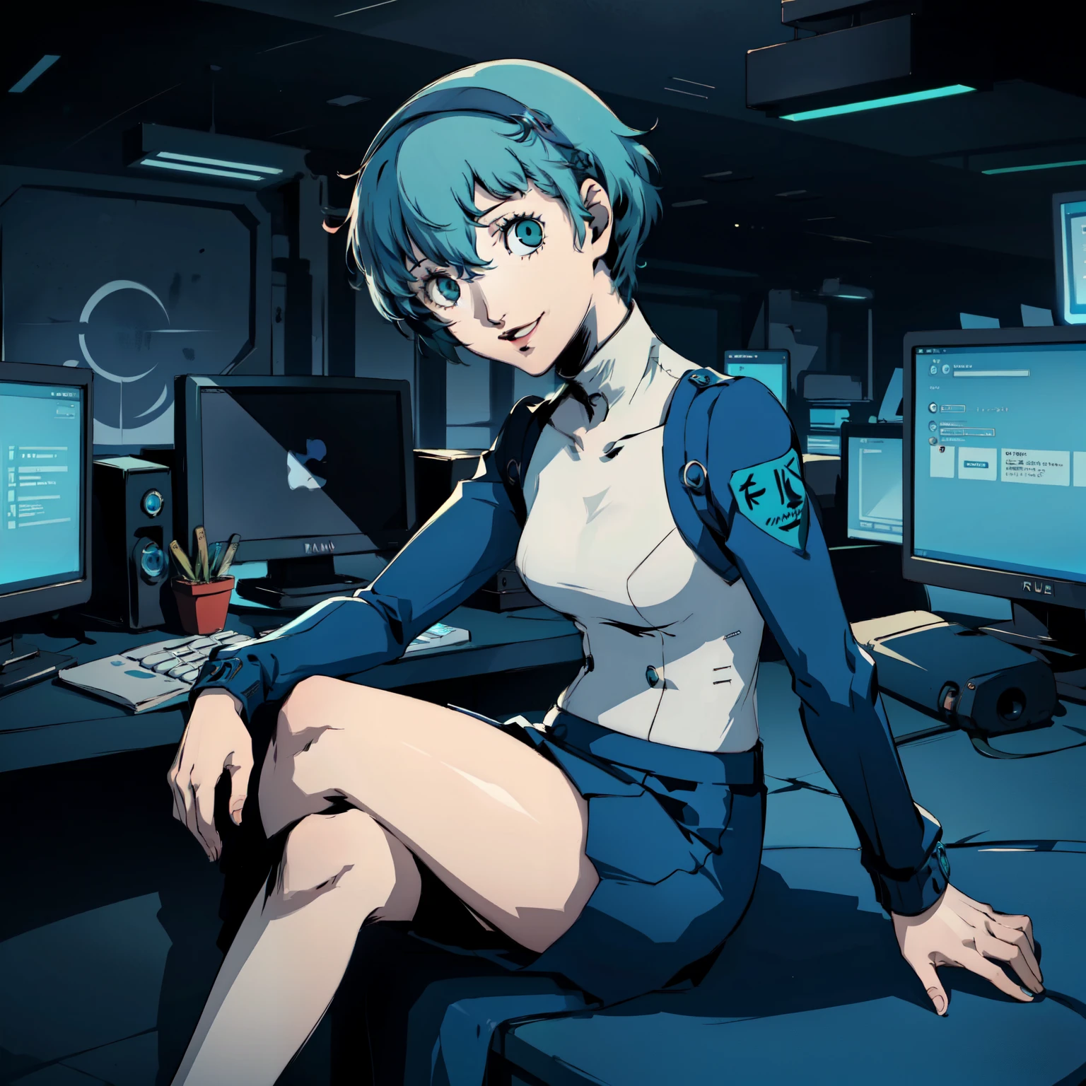 ((P3 Yamagishi Fuuka)),masterpiece, ((best quality)),((1 girl)), blue eyes, light aqua hair, female , tomboy Pixie haircut, deep blue suit,smiling,hacker,in the,dark room,sitting,looking monitor,long skirt,cute
