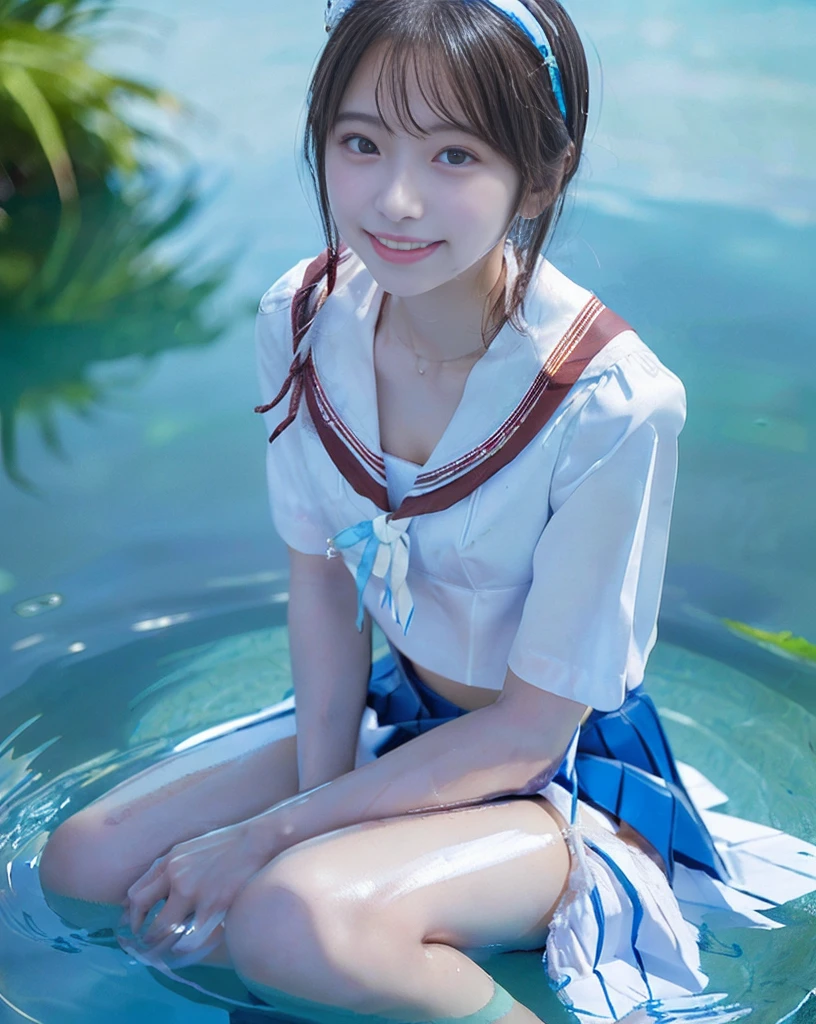 (NFSW)、(High resolution:1.5)、Highest quality,Very detailed,masterpiece,Super detailed,alone,(One 12 year old girl),((Summer School Uniforms:1.5)), Seraphim, ((skirt:1.5)), smile, Thigh fetish images: 1.5、(((barefoot)))、(Her thighs and white bikini reflected in the clear blue water)、(reflected in water:1.5)、((I can see the white string panties:1.5))、(Cleavage)、((Clear blue seawater))、Summer sun、はしゃいだsmile、Beautiful Eyes、(pull-out-panties)、(Panties on knees)、Big necklace and tiara、The water is marine blue、(((Glossy thighs)))