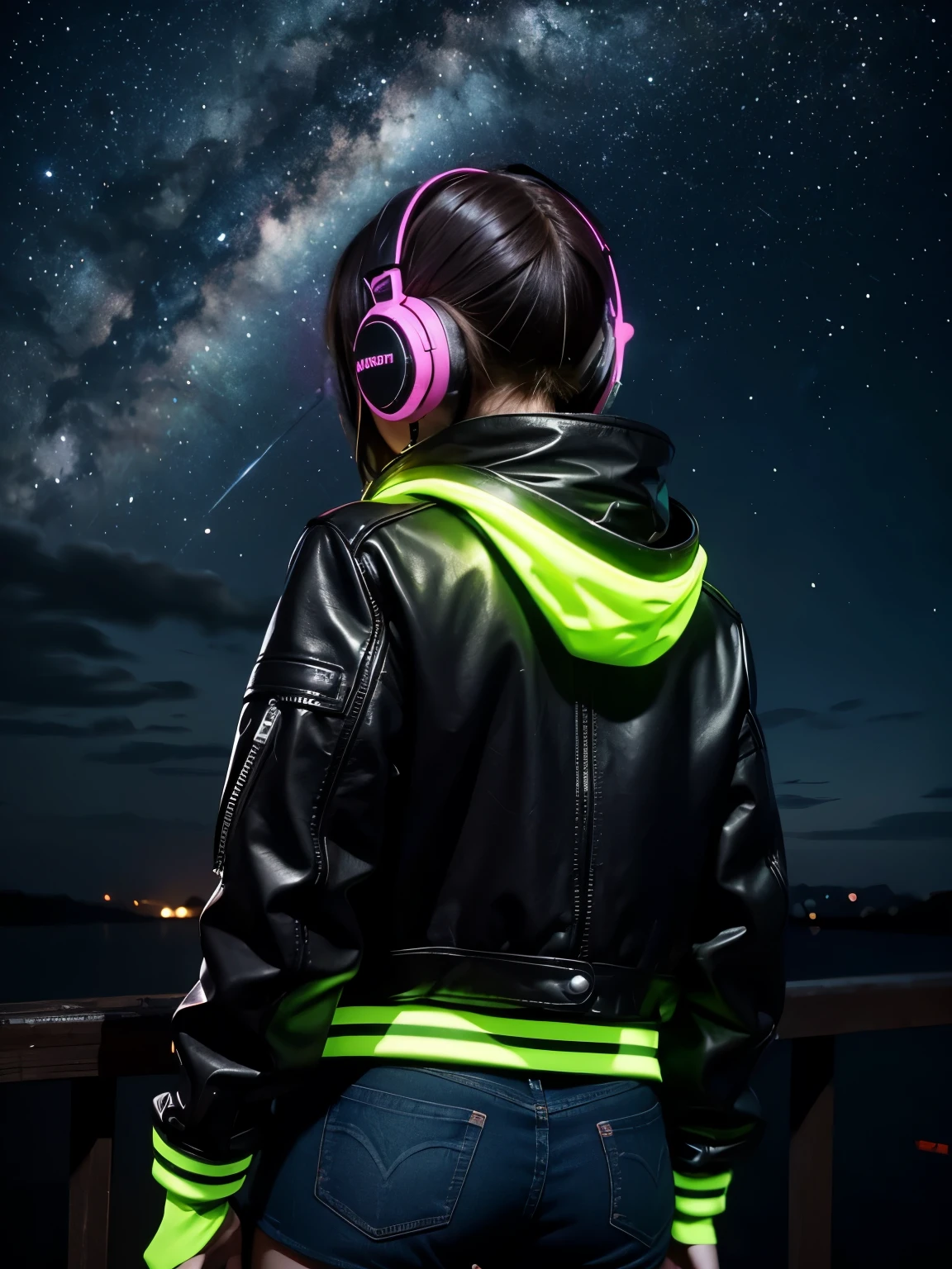 night, Silhouette of a girl from behind, faces not visible, wearing big neon headphones, white long hair, looks at the milky way, view from the back, Leather Jacket, night звезды, clouds, temnosinie tons
