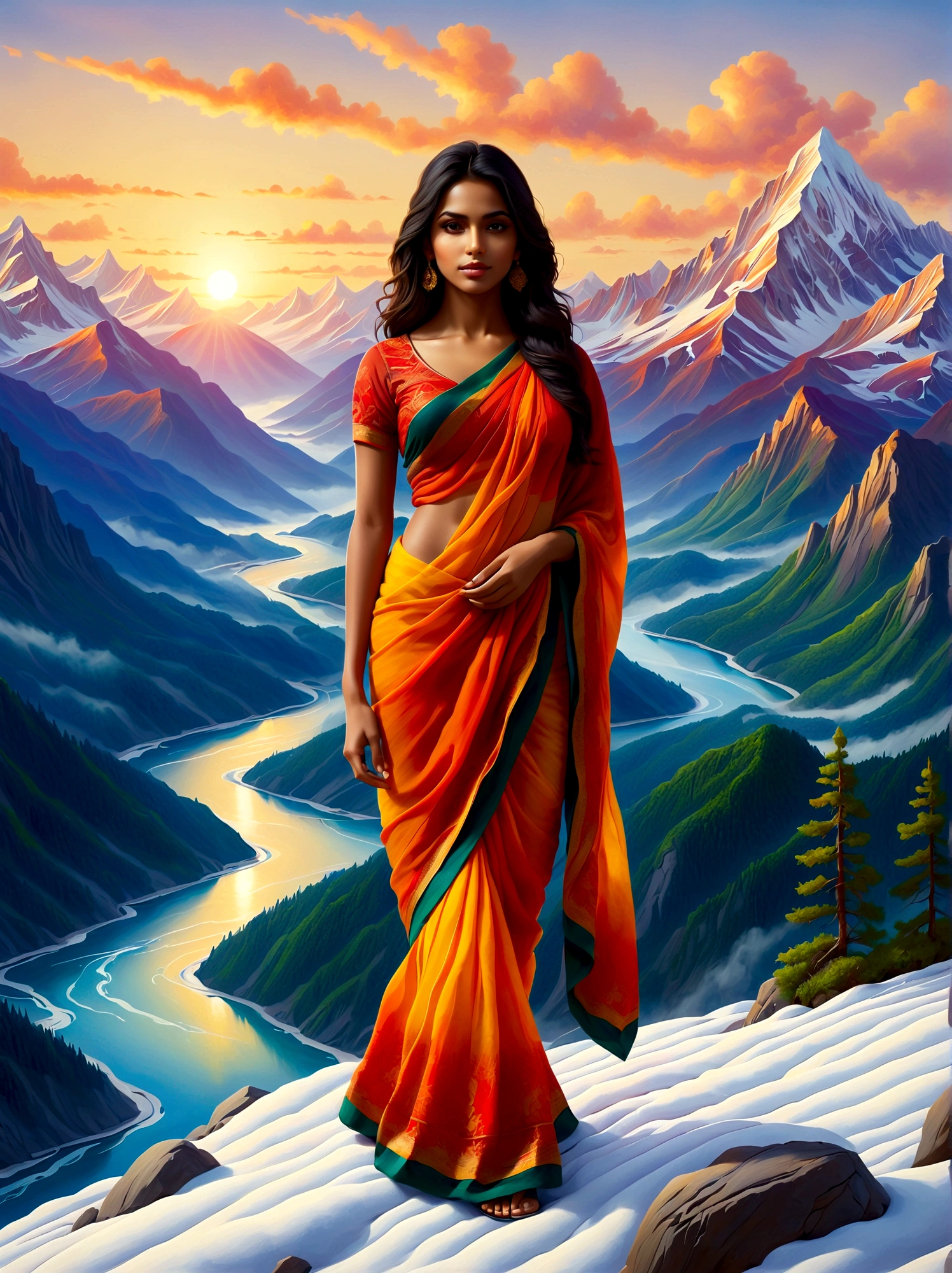 (Sunrise Time:1.6), Craft an oil painting depicting a South Asian girl as she stands atop a snow-capped mountain. She gazes at the magnificent view of the surrounding landscape filled with lush green forests, winding rivers, and towering peaks cloaked in a shroud of mist. Brightly lit by the sun, the scene radiates hues of orange, yellow, and red. The overall piece should encapsulate both the serenity of solitude in untamed nature and the awe-inspiring grandeur of mountainous landscapes