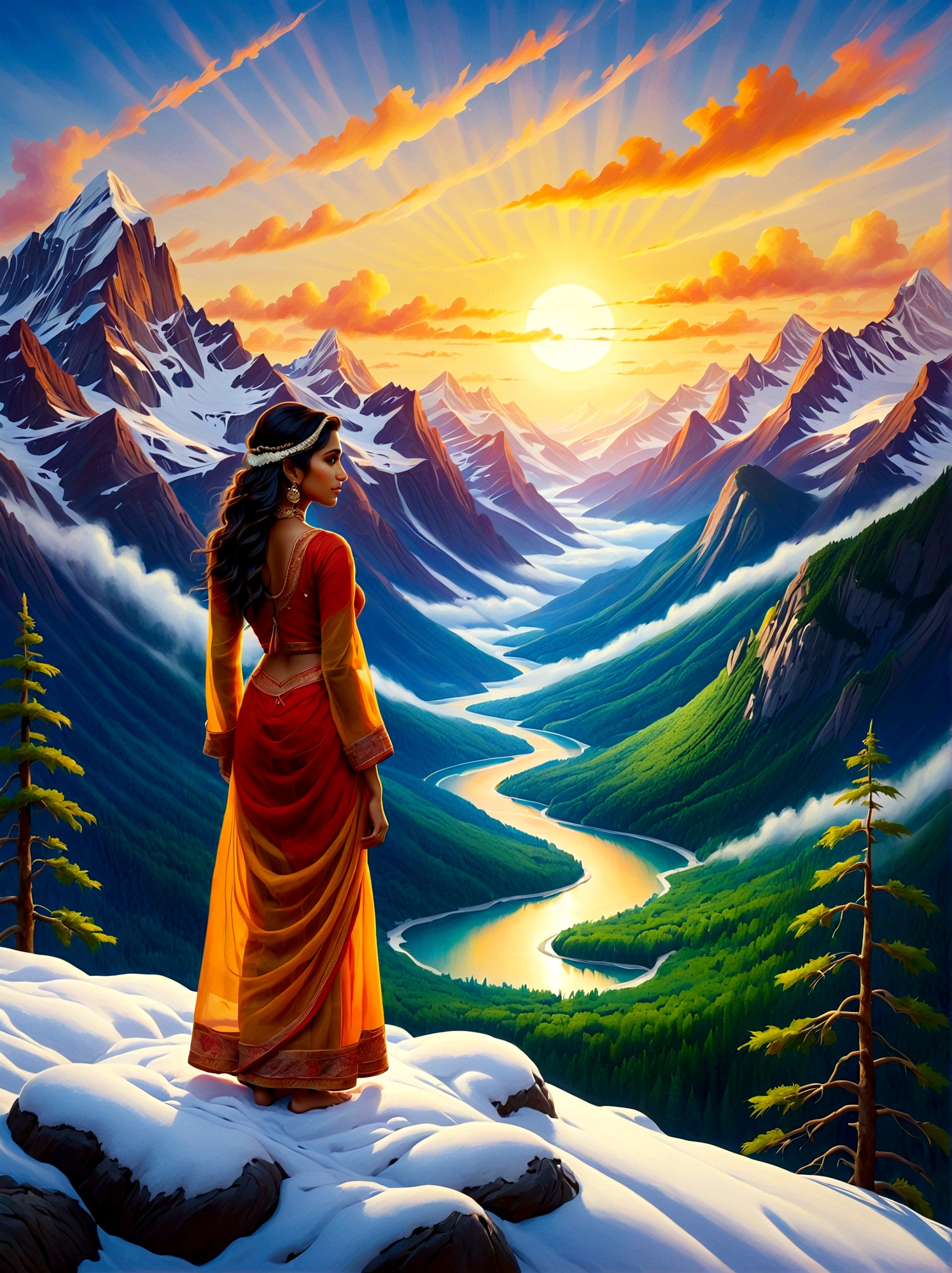 (Sunrise Time:1.6), Craft an oil painting depicting a South Asian girl as she stands atop a snow-capped mountain. She gazes at the magnificent view of the surrounding landscape filled with lush green forests, winding rivers, and towering peaks cloaked in a shroud of mist. Brightly lit by the sun, the scene radiates hues of orange, yellow, and red. The overall piece should encapsulate both the serenity of solitude in untamed nature and the awe-inspiring grandeur of mountainous landscapes