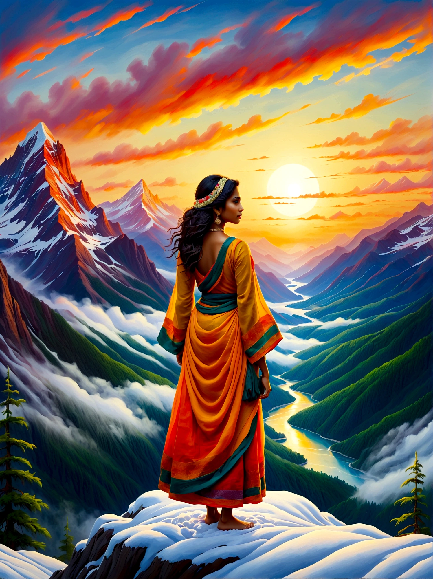 (Sunrise Time:1.6), Craft an oil painting depicting a South Asian girl as she stands atop a snow-capped mountain. She gazes at the magnificent view of the surrounding landscape filled with lush green forests, winding rivers, and towering peaks cloaked in a shroud of mist. Brightly lit by the sun, the scene radiates hues of orange, yellow, and red. The overall piece should encapsulate both the serenity of solitude in untamed nature and the awe-inspiring grandeur of mountainous landscapes