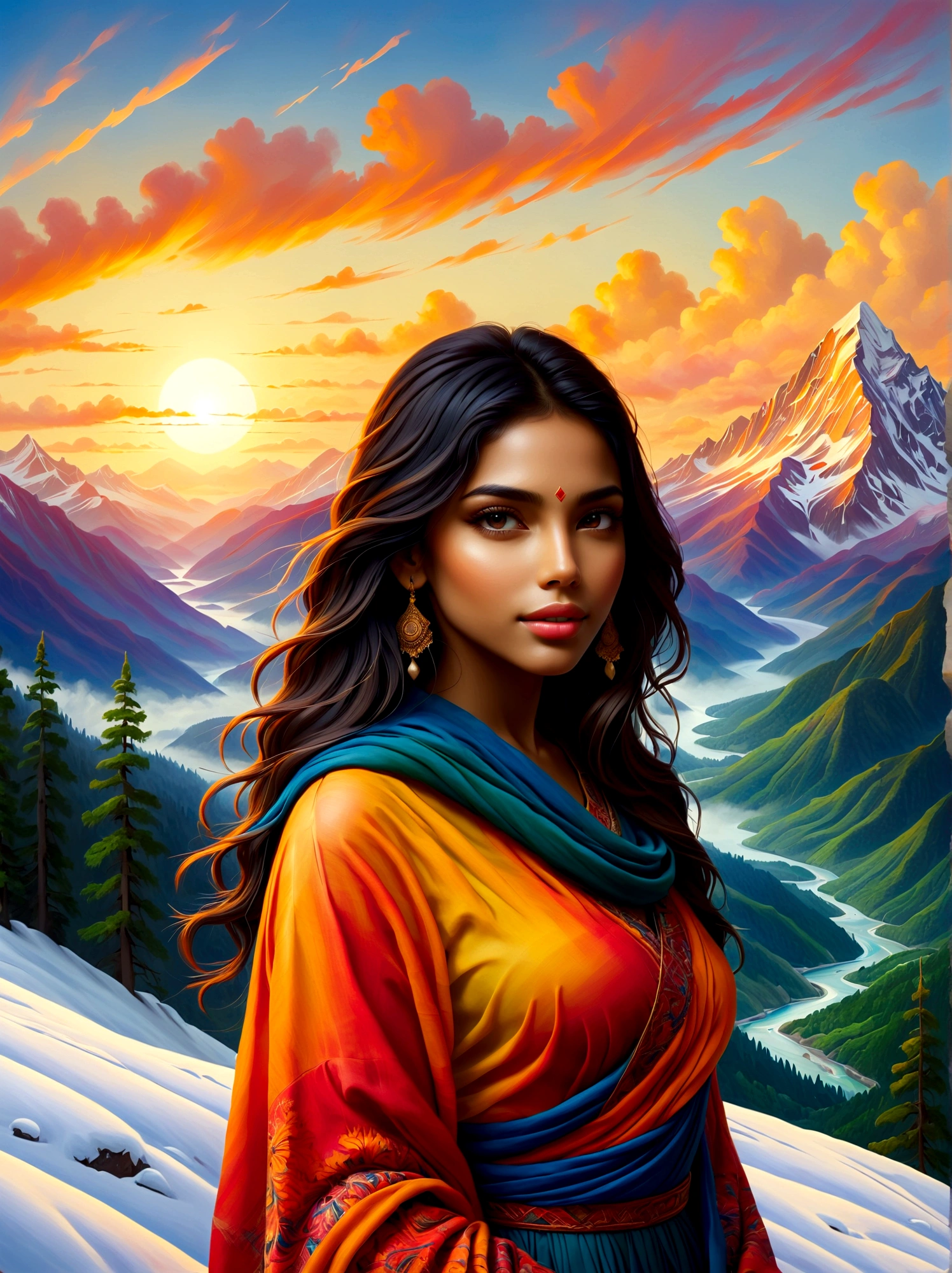 (Sunrise Time:1.6), Craft an oil painting depicting a South Asian girl as she stands atop a snow-capped mountain. She gazes at the magnificent view of the surrounding landscape filled with lush green forests, winding rivers, and towering peaks cloaked in a shroud of mist. Brightly lit by the sun, the scene radiates hues of orange, yellow, and red. The overall piece should encapsulate both the serenity of solitude in untamed nature and the awe-inspiring grandeur of mountainous landscapes