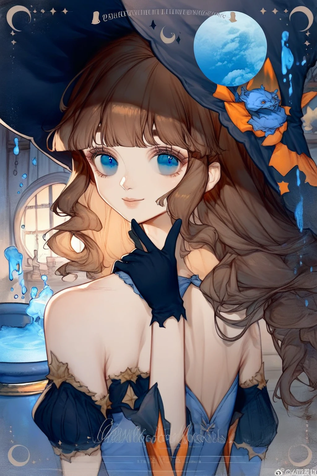 1 girl, CuteStyle, upper body, blue eyes, brown hair, long hair with bangs, witch hat, witch costume, bare shoulders, separate sleeves, neckline, neckline, black gloves, short black mini dress, black stockings, bulging skin from stockings, looks at the viewer, sly smile, sly look, indoors, a cauldron with blue liquid, many flasks, orange-blue lighting, night outside, full blue moon, diamond walls, dark, dust motes flying in the air, detailed, beautiful, delicate tones