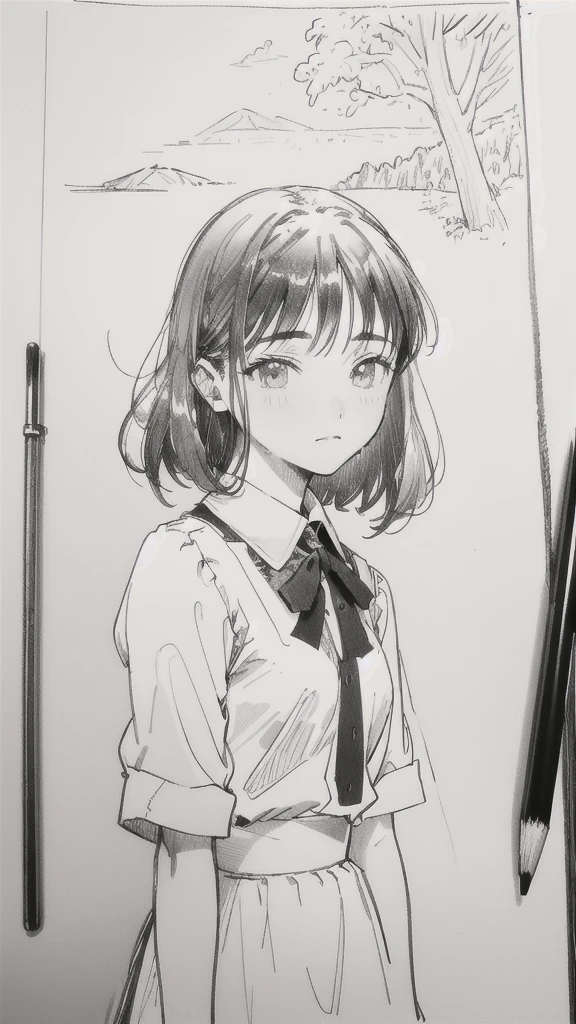 One Girl,Line art,Monochrome,sketch,Pencil drawing,Traditional Media,One Girl, skirt,Cute Teenage Girls, ,Beautiful portrait、Delicate body、Black Hair、Black Hair,landscape
