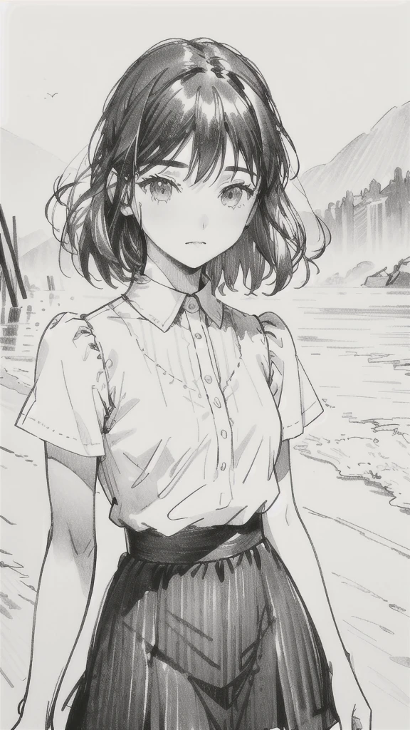One Girl,Line art,Monochrome,sketch,Pencil drawing,Traditional Media,One Girl, skirt,Cute Teenage Girls, ,Beautiful portrait、Delicate body、Black Hair、Black Hair,landscape