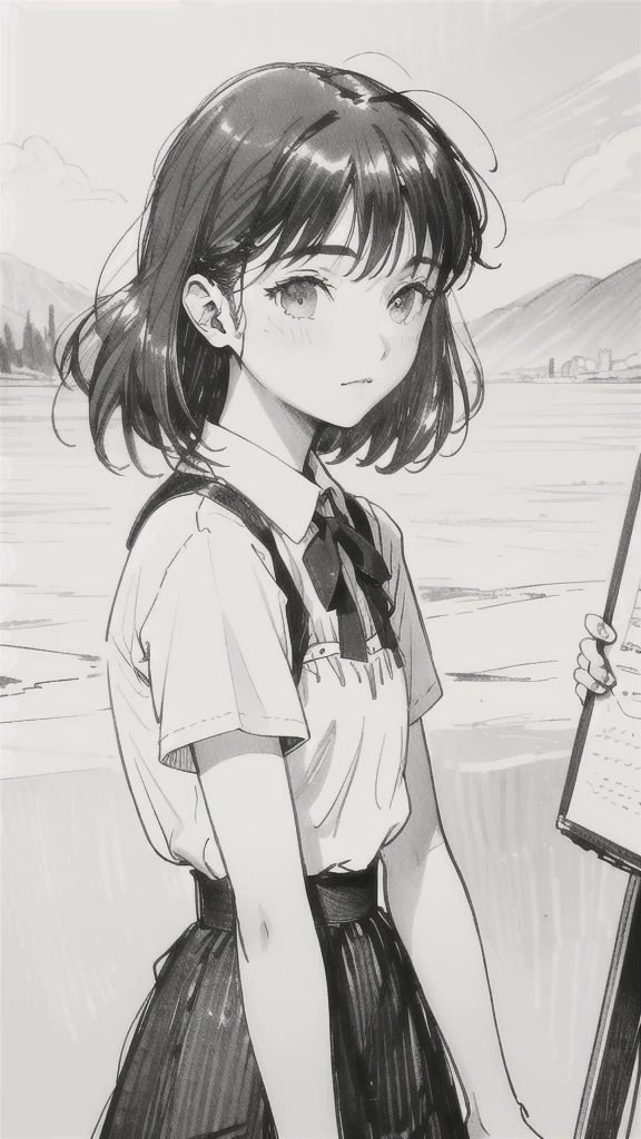 One Girl,Line art,Monochrome,sketch,Pencil drawing,Traditional Media,One Girl, skirt,Cute Teenage Girls, ,Beautiful portrait、Delicate body、Black Hair、Black Hair,landscape