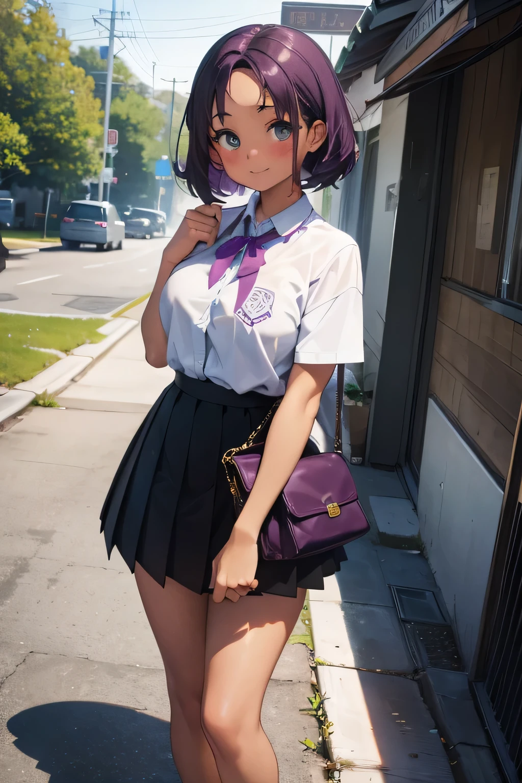 1 girl, single girl, cute, dark skin, tanned skin, short purple hair, green eyes, blushing, chubby, somewhat large breasts, high , black skirt up to the knees, high school, park