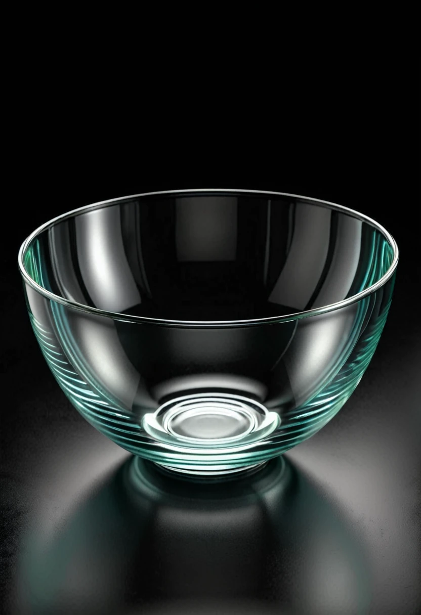 a glass bowl, on black background, high-angle photo, soft light, 3d render, wide angle shooting, raw