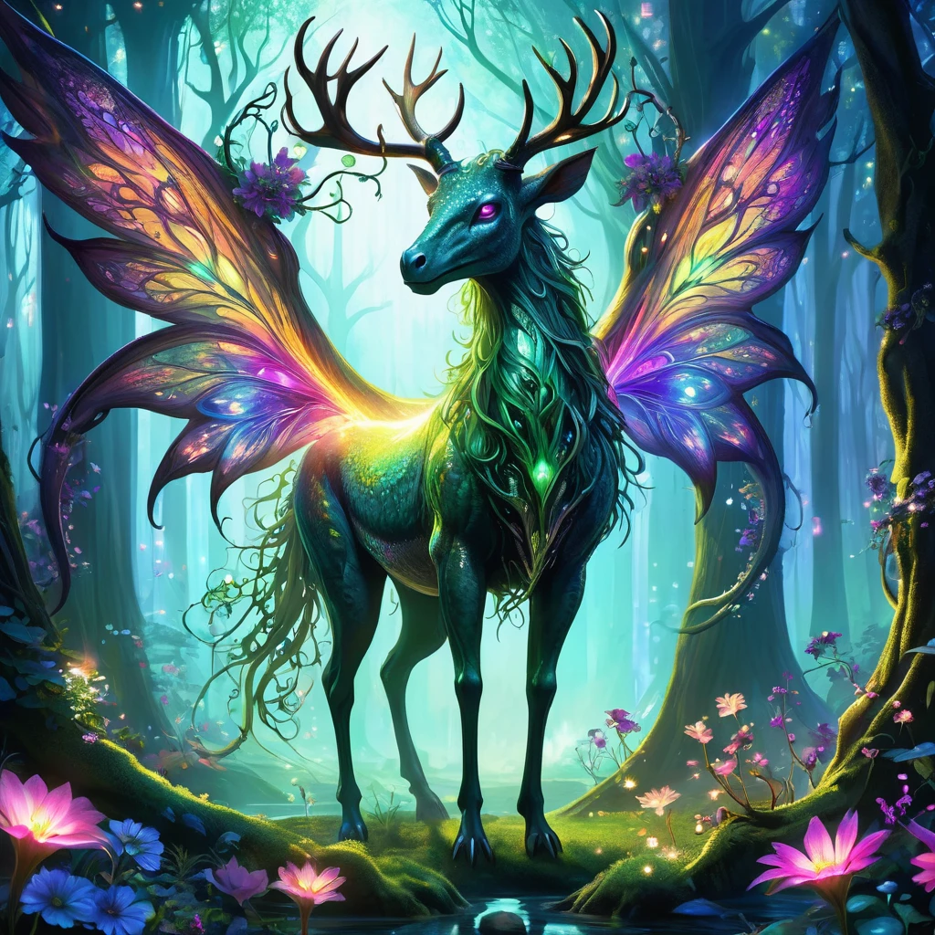 Envision a medieval fantasy creature emerging from the depths of an enchanted forest. This creature, a blend of majestic and mystical, stands tall on powerful, sinewy legs, its body covered in scales that shimmer with iridescent colors. Its eyes, glowing with an inner light, reflect the wisdom and magic of the ancient forest. Antlers adorned with vines and blooming flowers rise from its head, adding to its regal appearance. The creature moves with a graceful yet formidable presence, its breath visible in the cool, magical air. Surrounding it, the forest teems with life—glowing flora, ethereal fireflies, and whispering trees that seem to communicate with the creature. Capture the essence of this mythical being as it roams its enchanted realm, embodying the harmony and mystique of the medieval fantasy world.