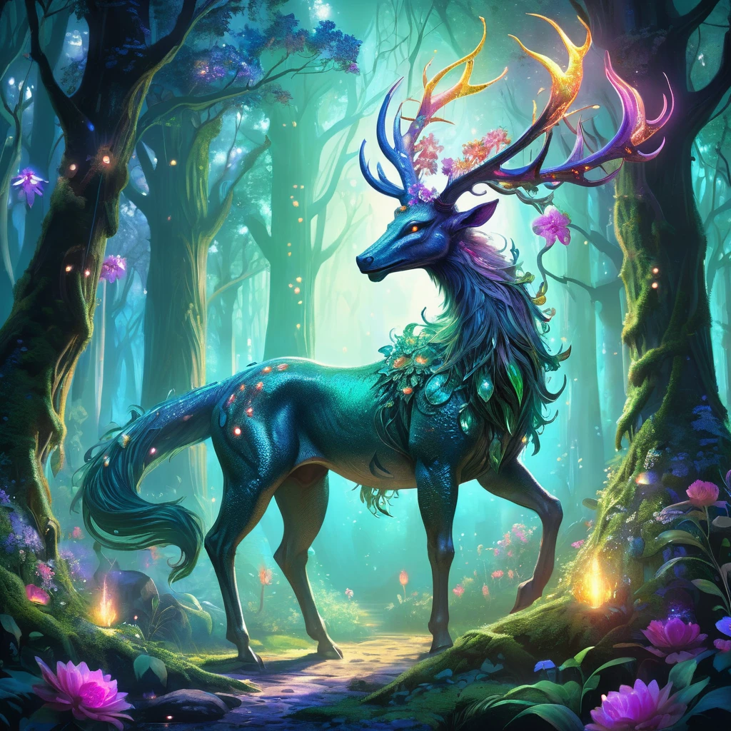 Envision a medieval fantasy creature emerging from the depths of an enchanted forest. This creature, a blend of majestic and mystical, stands tall on powerful, sinewy legs, its body covered in scales that shimmer with iridescent colors. Its eyes, glowing with an inner light, reflect the wisdom and magic of the ancient forest. Antlers adorned with vines and blooming flowers rise from its head, adding to its regal appearance. The creature moves with a graceful yet formidable presence, its breath visible in the cool, magical air. Surrounding it, the forest teems with life—glowing flora, ethereal fireflies, and whispering trees that seem to communicate with the creature. Capture the essence of this mythical being as it roams its enchanted realm, embodying the harmony and mystique of the medieval fantasy world.