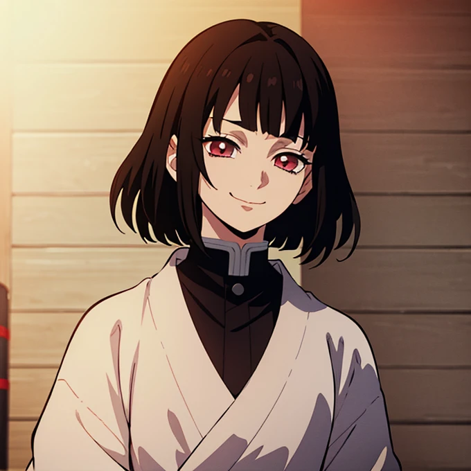 Kimetsu no yaiba style best quality 0.8,beautiful Dark hair.  short hair (short above the shoulders) . Young woman with detailed red eyes (red eyes) dull and sad detailed. droopy eyes. warm face, his face has dirt, foreground. katana. smile,happy. (Alone) (in a training camp) (wooden katana) (sunny day) smiling kindly. foreground (detailed face) (Women) (famale) greeting someone with a smile 