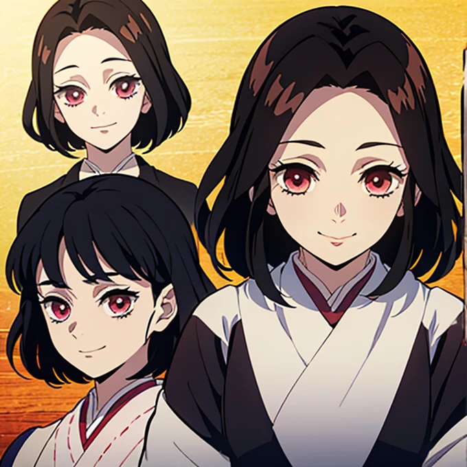 Kimetsu no yaiba style best quality 0.8,beautiful Dark hair. short hair (short above the shoulders) . Young woman with detailed red eyes (red eyes) dull and sad detailed. droopy eyes. warm face, his face has dirt, foreground. katana. smile,happy. (Alone) (in a training camp) (wooden katana) (sunny day) smiling kindly. foreground (detailed face) (Women) (famale) greeting someone with a smile
