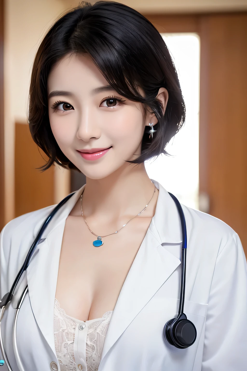 Beautiful young woman、 Korean women、Black Hair、Necklace around the neck、White、Closed Mouth Smile、Big Breasts、Doctor's clothing、Stethoscope、Wavy Hair、short hair、Intricate details, Very detailed:1.2), 、 Looking into the camera,The background is the inspection room..、ear piercing