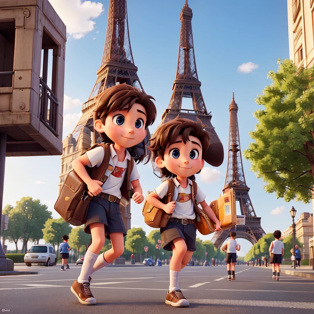 I want a picture of 15-year-old students, boys, not girls, carrying bags and running down a street with the Eiffel Tower behind them.