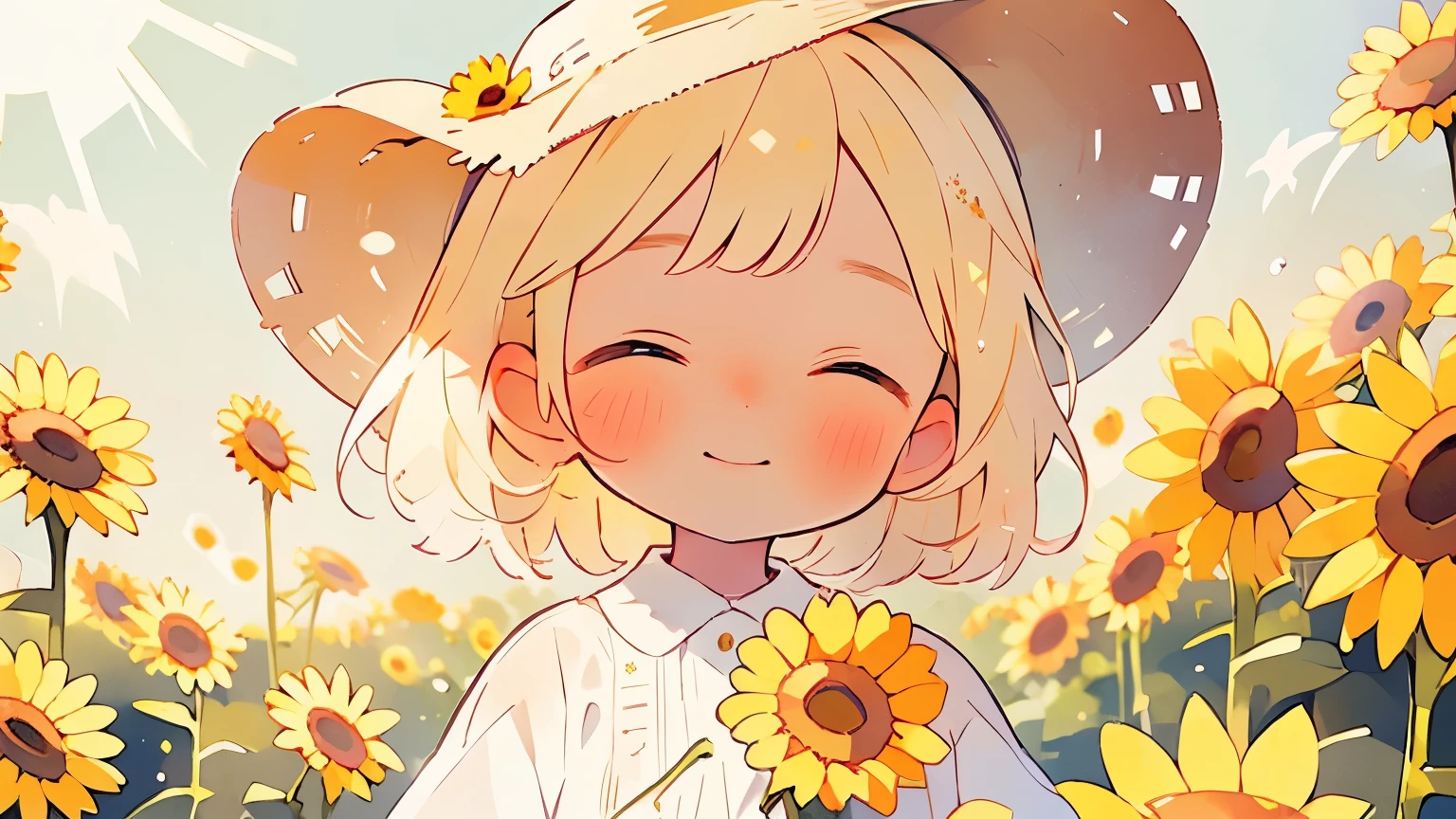 Masterpiece, quiet, girl, field of sunflowers, bright flowers, white dress, pastel tones, pretty smile, gentle brushstrokes, enthusiasm, delicate tones, seamless blend. This masterpiece depicts a quiet scene of a girl. Her white dress and sun hat blend seamlessly with the flowers in the sunlight.